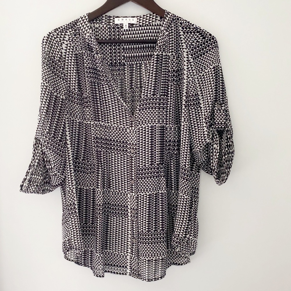 Chaus White and Black Geometric Print Blouse